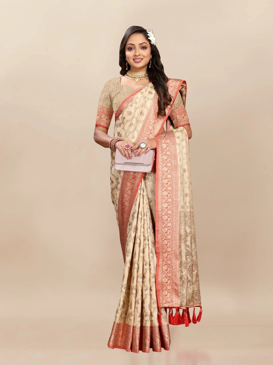 Soft Katan Silk Saree with Rich Zari Weaving Design, Border, and Tassels, Silk Blouse Included-Beige-2