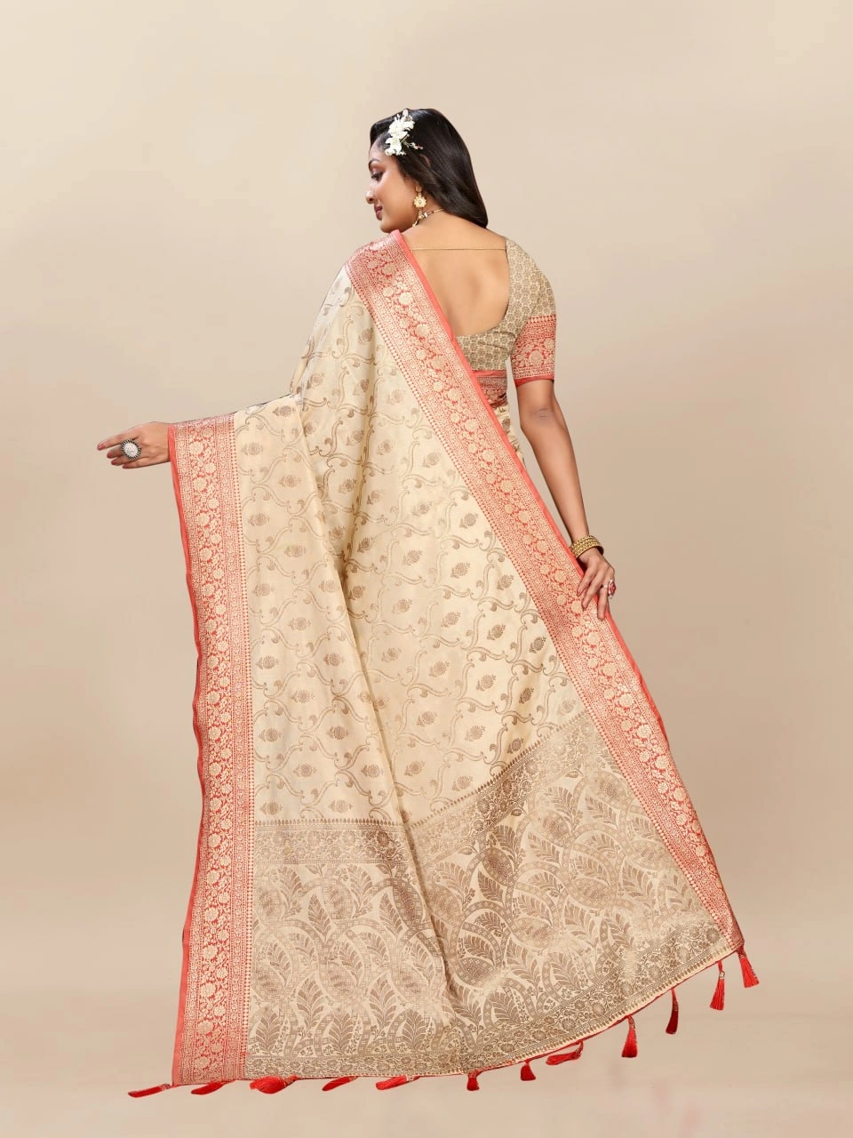 Soft Katan Silk Saree with Rich Zari Weaving Design, Border, and Tassels, Silk Blouse Included-Beige-4