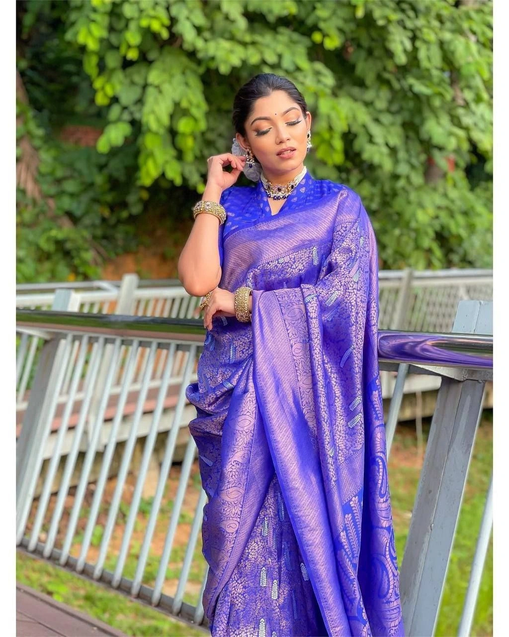 Soft Lichi Silk Saree with Golden Jari, Heavy Jacquard Border, and Rich Pallu-Blue-3