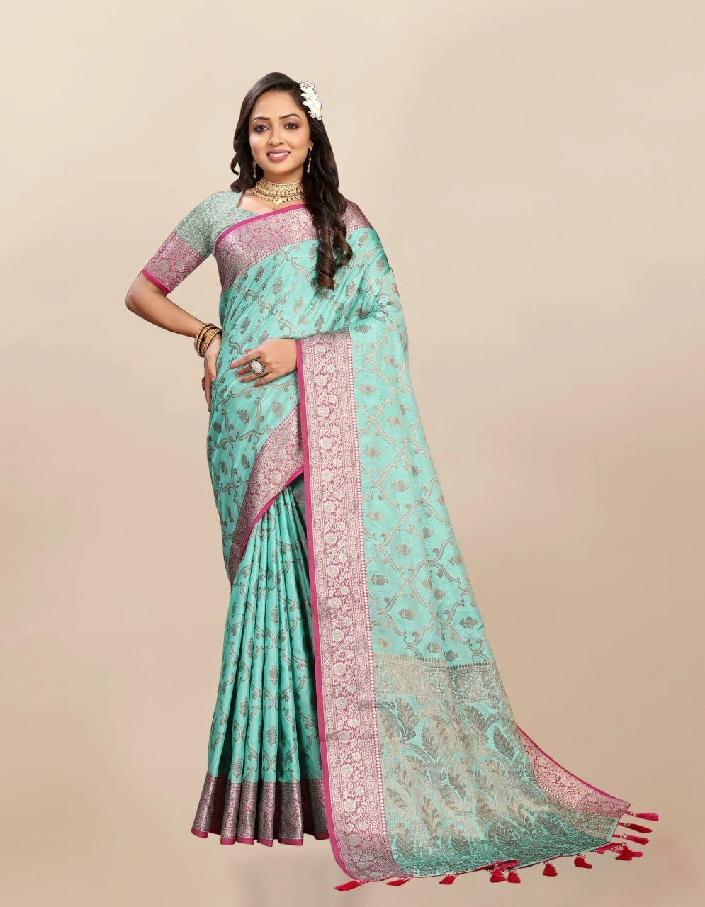 Soft Katan Silk Saree with Rich Zari Weaving Design, Border, and Tassels, Silk Blouse Included-RMNX-295-Rama