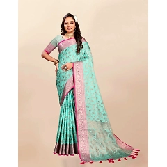 Soft Katan Silk Saree with Rich Zari Weaving Design, Border, and Tassels, Silk Blouse Included