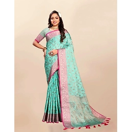 Soft Katan Silk Saree with Rich Zari Weaving Design, Border, and Tassels, Silk Blouse Included