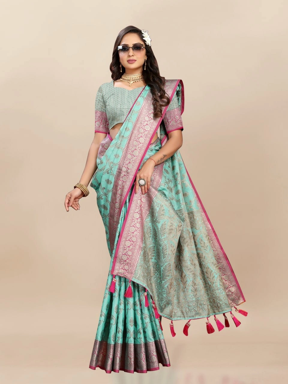 Soft Katan Silk Saree with Rich Zari Weaving Design, Border, and Tassels, Silk Blouse Included-Rama-1