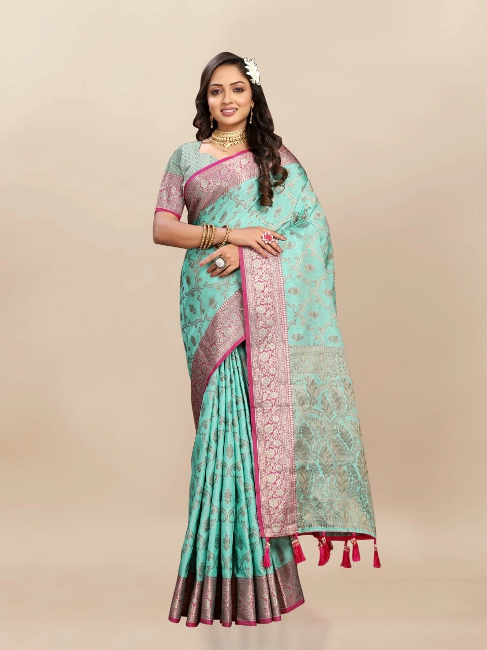 Soft Katan Silk Saree with Rich Zari Weaving Design, Border, and Tassels, Silk Blouse Included-Rama-2