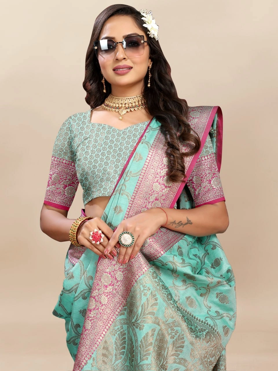 Soft Katan Silk Saree with Rich Zari Weaving Design, Border, and Tassels, Silk Blouse Included-Rama-3