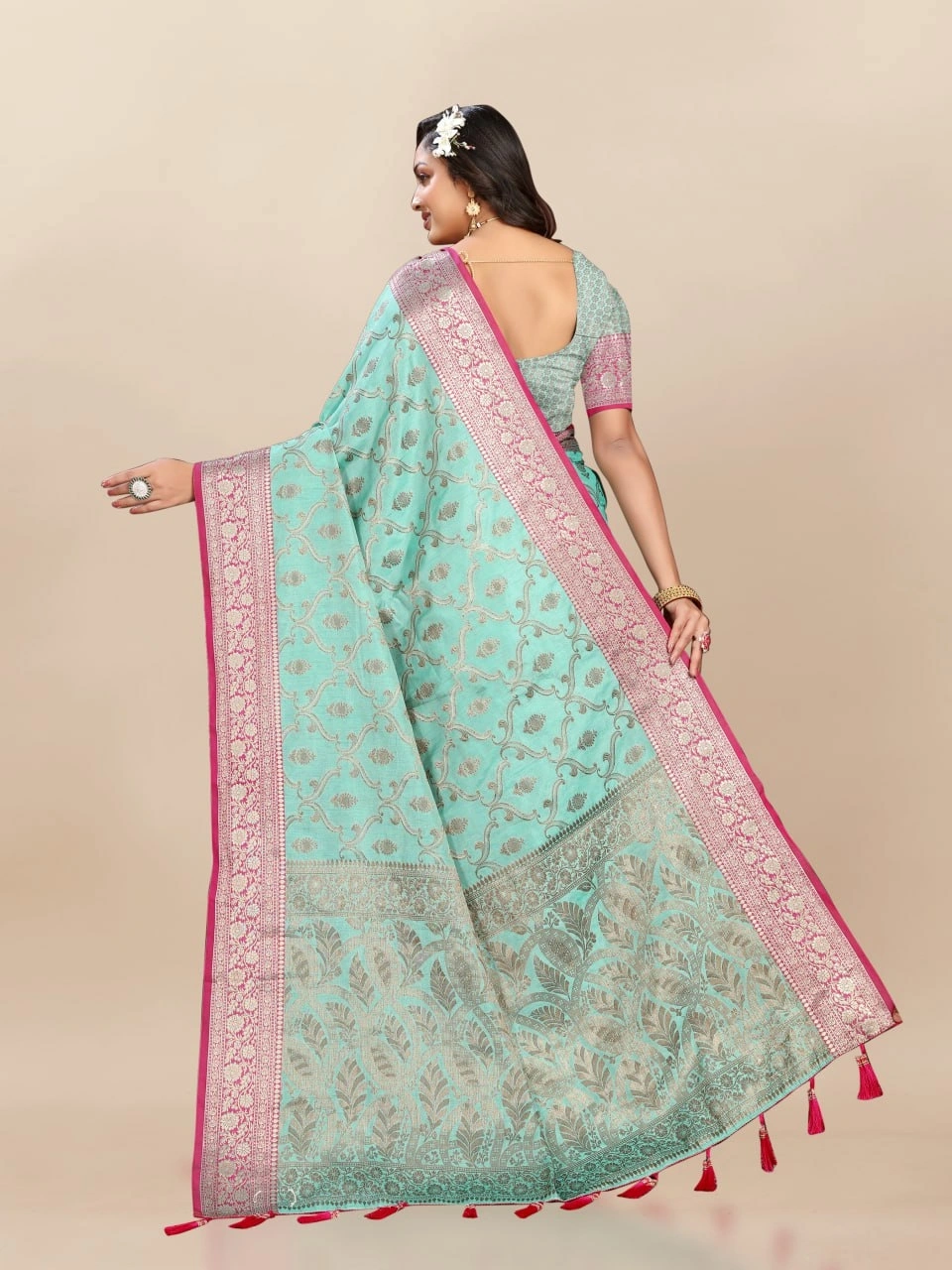 Soft Katan Silk Saree with Rich Zari Weaving Design, Border, and Tassels, Silk Blouse Included-Rama-4