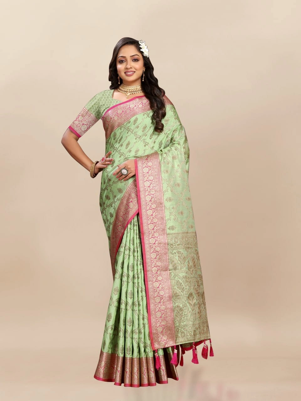 Soft Katan Silk Saree with Rich Zari Weaving Design, Border, and Tassels, Silk Blouse Included-RMNX-295-Pista