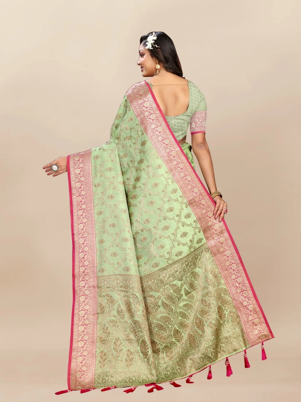 Soft Katan Silk Saree with Rich Zari Weaving Design, Border, and Tassels, Silk Blouse Included-Pista-3