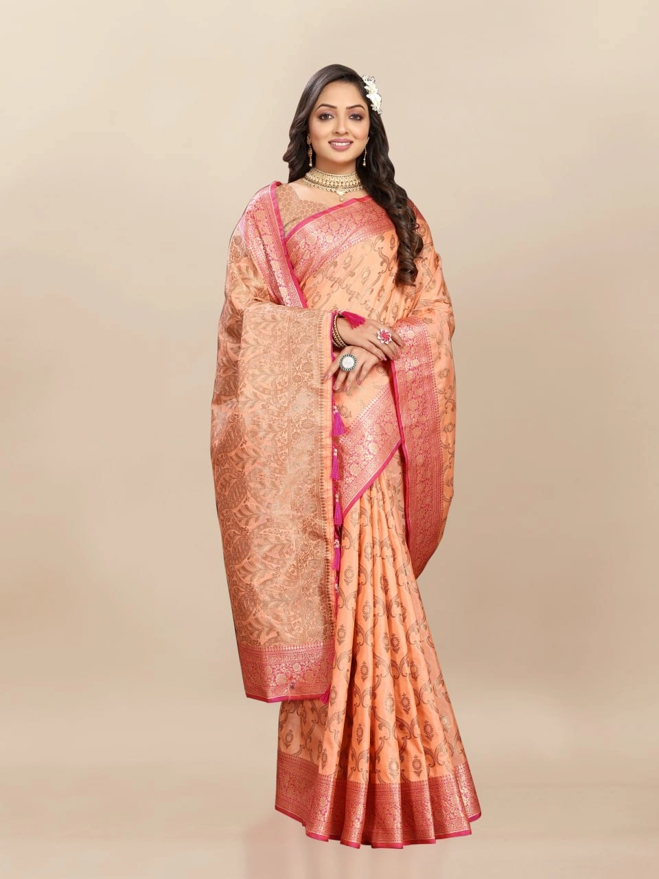 Soft Katan Silk Saree with Rich Zari Weaving Design, Border, and Tassels, Silk Blouse Included-Orange-2