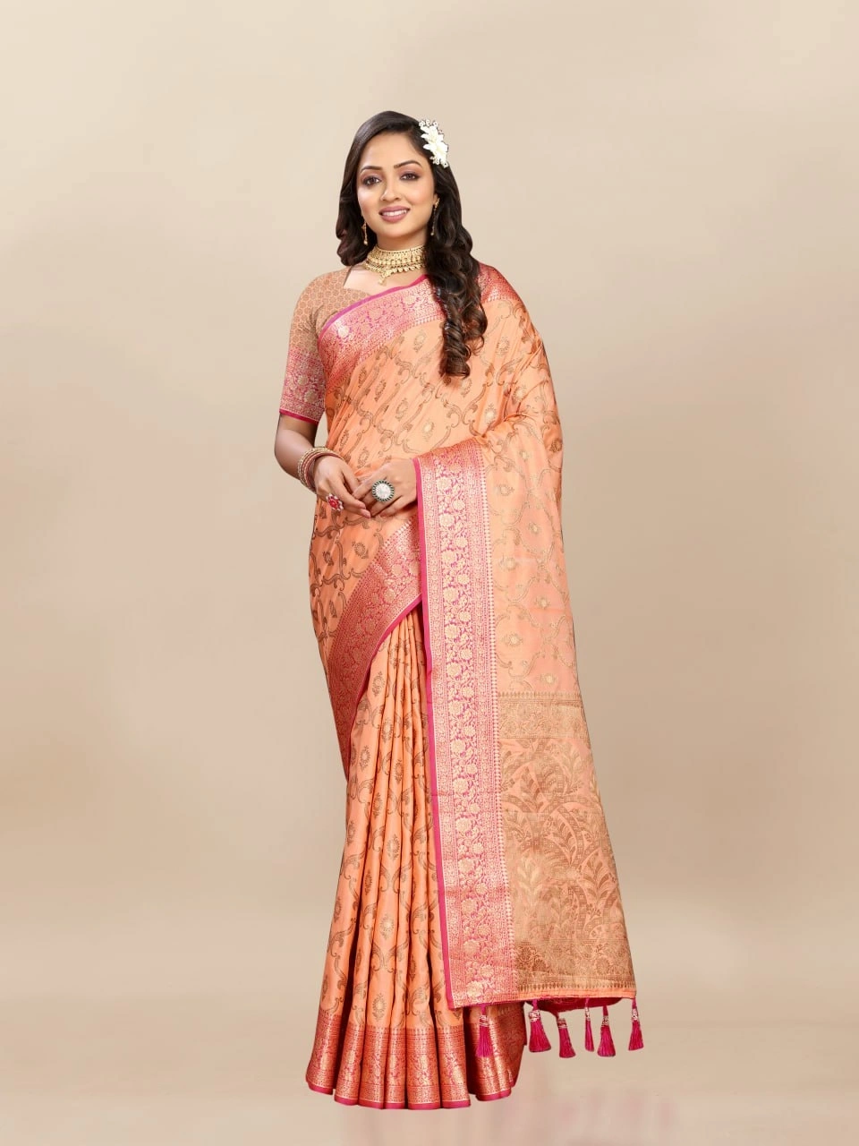 Soft Katan Silk Saree with Rich Zari Weaving Design, Border, and Tassels, Silk Blouse Included-Orange-3