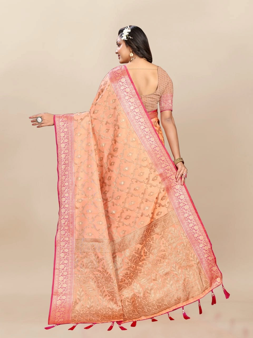 Soft Katan Silk Saree with Rich Zari Weaving Design, Border, and Tassels, Silk Blouse Included-Orange-4