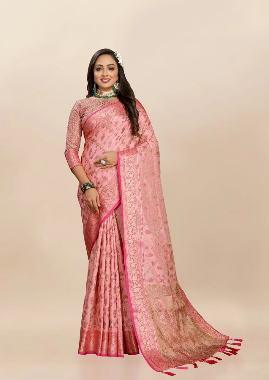 Soft Katan Silk Saree with Rich Zari Weaving Design, Border, and Tassels, Silk Blouse Included-RMNX-295-Pink