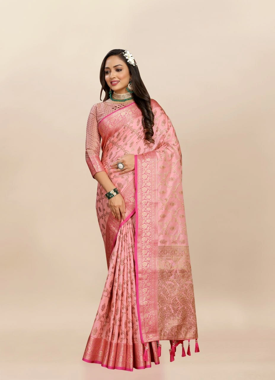 Soft Katan Silk Saree with Rich Zari Weaving Design, Border, and Tassels, Silk Blouse Included-Pink-1