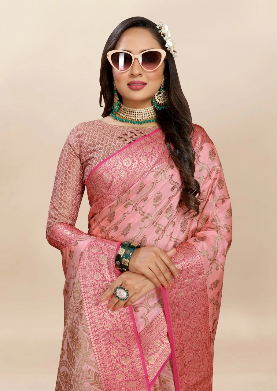 Soft Katan Silk Saree with Rich Zari Weaving Design, Border, and Tassels, Silk Blouse Included-Pink-2