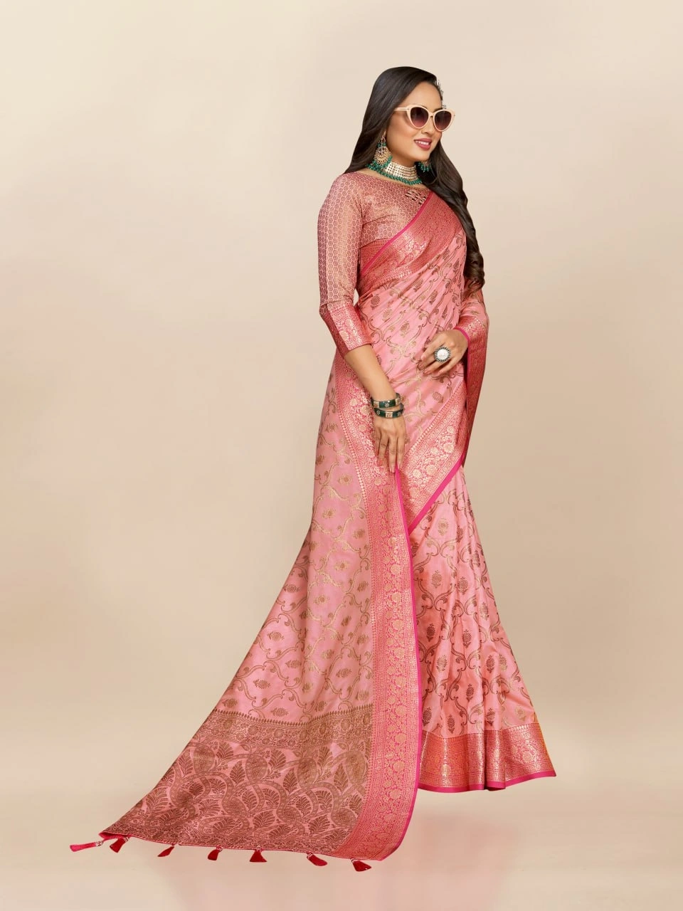 Soft Katan Silk Saree with Rich Zari Weaving Design, Border, and Tassels, Silk Blouse Included-Pink-3