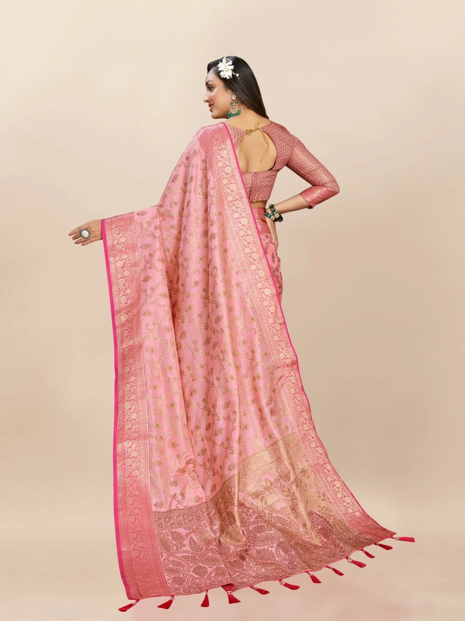 Soft Katan Silk Saree with Rich Zari Weaving Design, Border, and Tassels, Silk Blouse Included-Pink-4