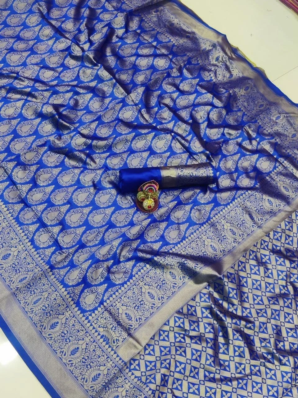 Soft Lichi Silk Saree with Golden Jari Border and Trendy Rich Pallu-Blue-5