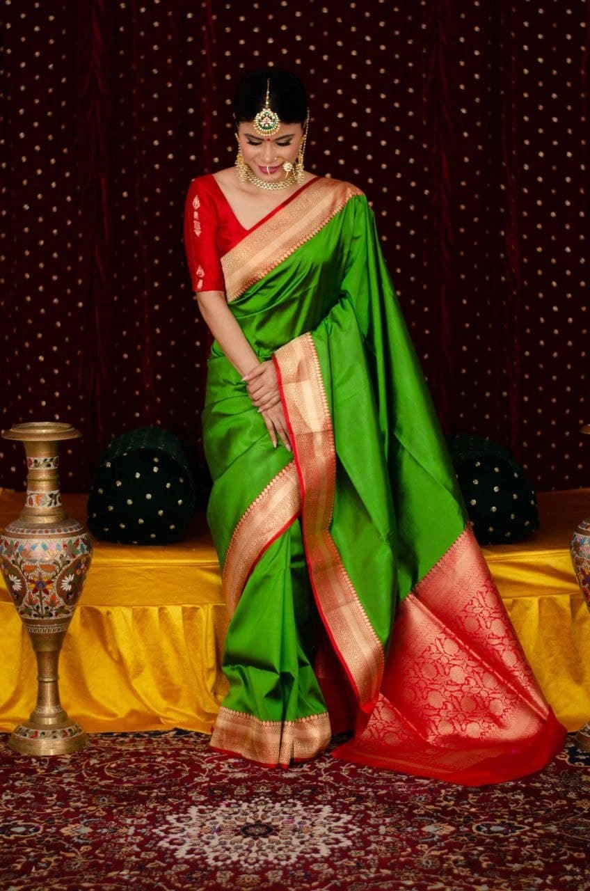 Soft Lichi Silk Saree with Golden Jari Border and Trendy Rich Pallu-Green-1