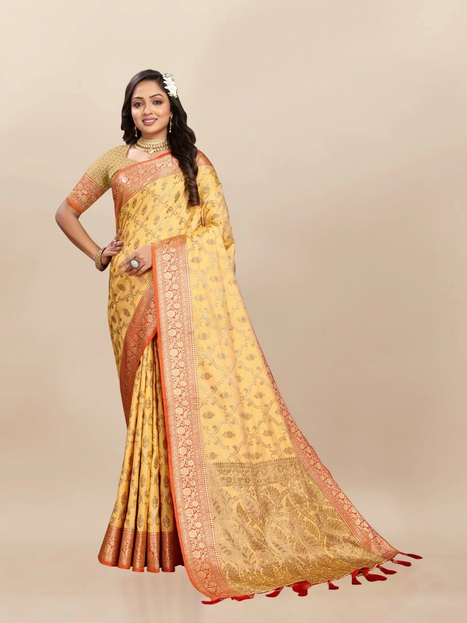 Soft Katan Silk Saree with Rich Zari Weaving Design, Border, and Tassels, Silk Blouse Included-RMNX-295-Yellow