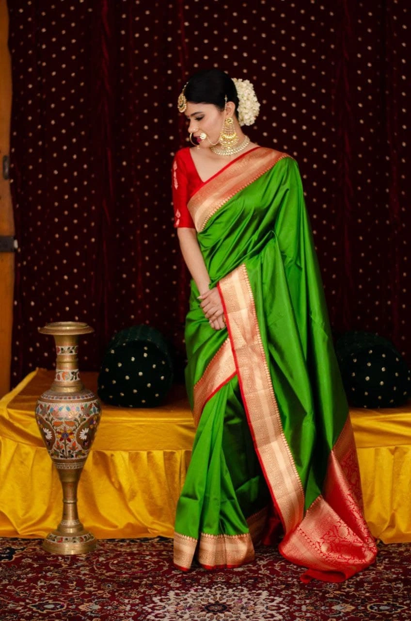 Soft Lichi Silk Saree with Golden Jari Border and Trendy Rich Pallu-Green-2