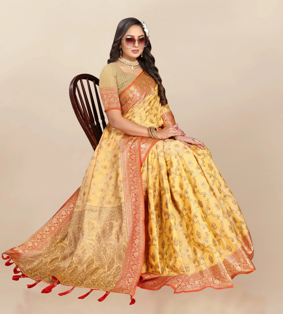 Soft Katan Silk Saree with Rich Zari Weaving Design, Border, and Tassels, Silk Blouse Included-Yellow-1