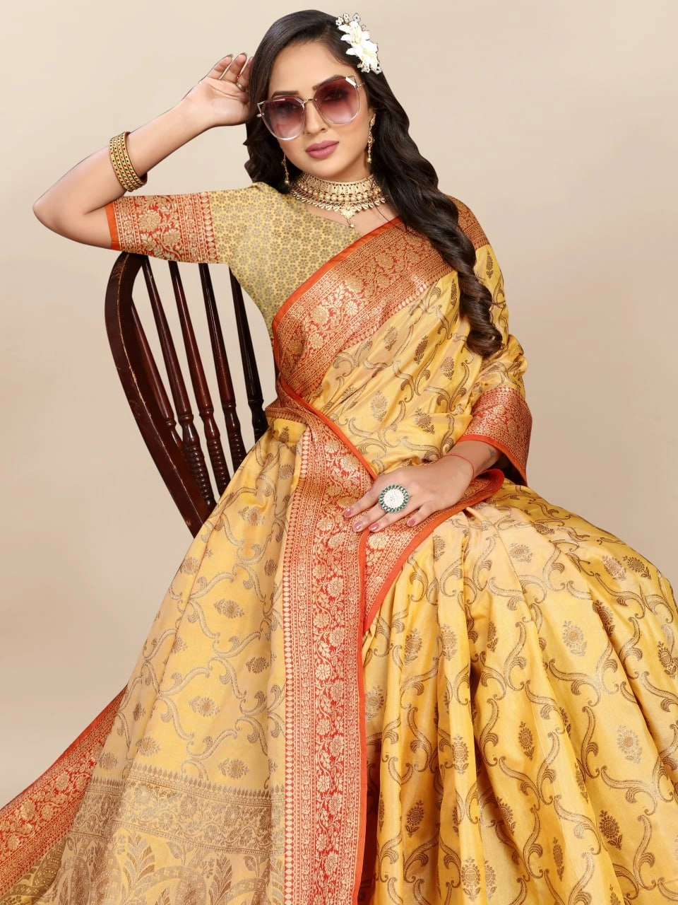 Soft Katan Silk Saree with Rich Zari Weaving Design, Border, and Tassels, Silk Blouse Included-Yellow-2