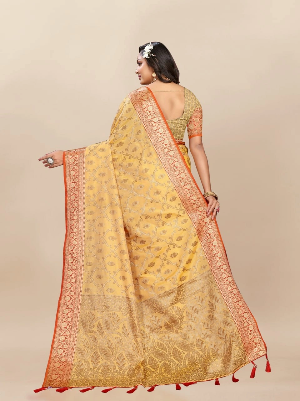 Soft Katan Silk Saree with Rich Zari Weaving Design, Border, and Tassels, Silk Blouse Included-Yellow-3