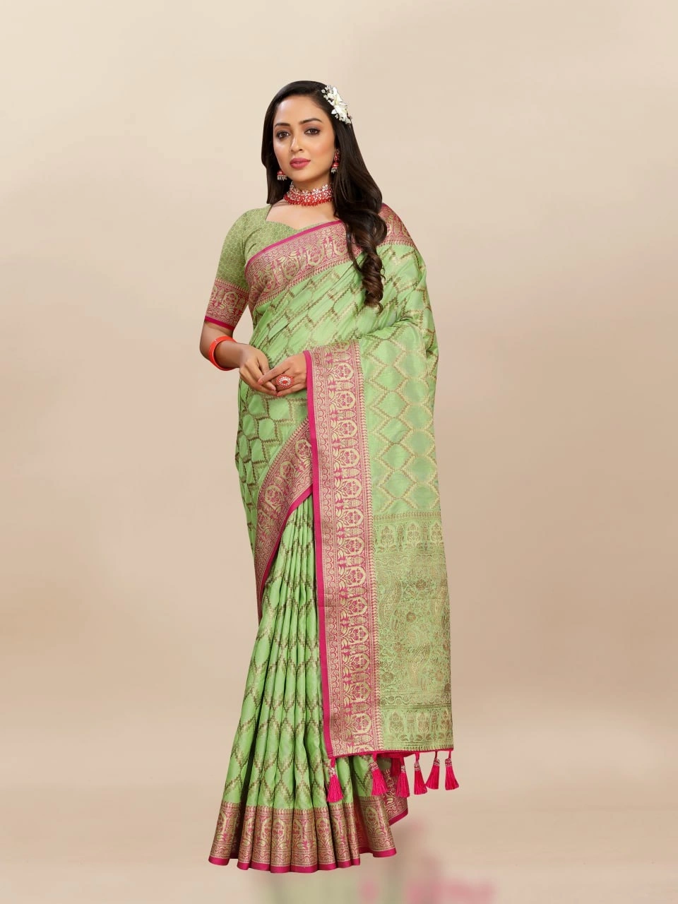 Soft Katan Silk Saree with Rich Zari Weaving Design, Border, and Tassels, Silk Blouse Included-RMNX-296-Pista