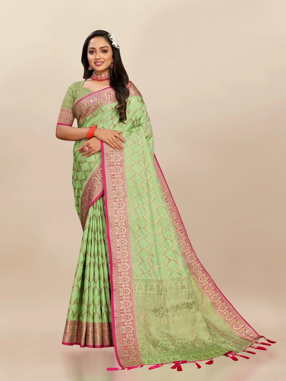 Soft Katan Silk Saree with Rich Zari Weaving Design, Border, and Tassels, Silk Blouse Included-Pista-1