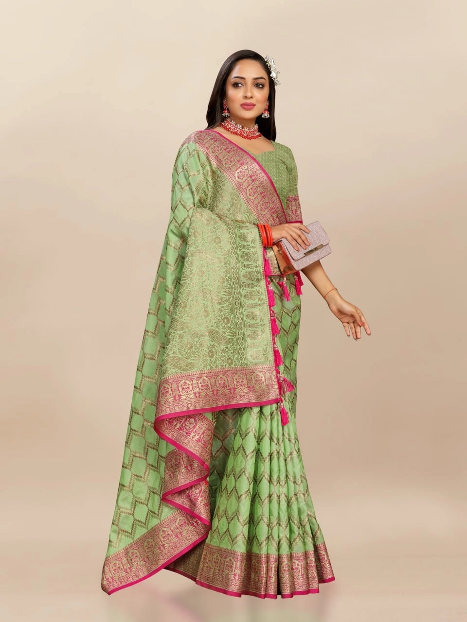 Soft Katan Silk Saree with Rich Zari Weaving Design, Border, and Tassels, Silk Blouse Included-Pista-2