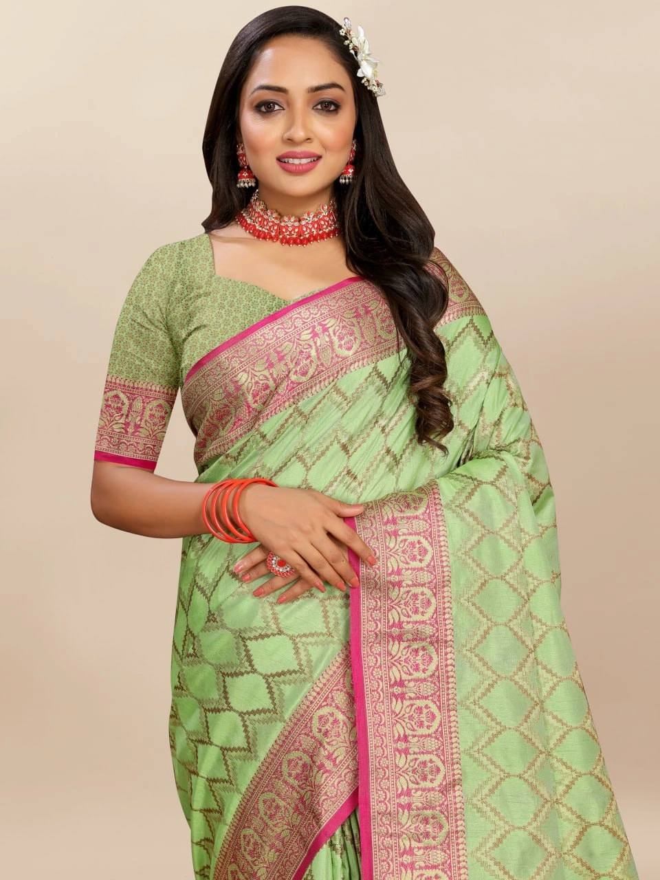 Soft Katan Silk Saree with Rich Zari Weaving Design, Border, and Tassels, Silk Blouse Included-Pista-3