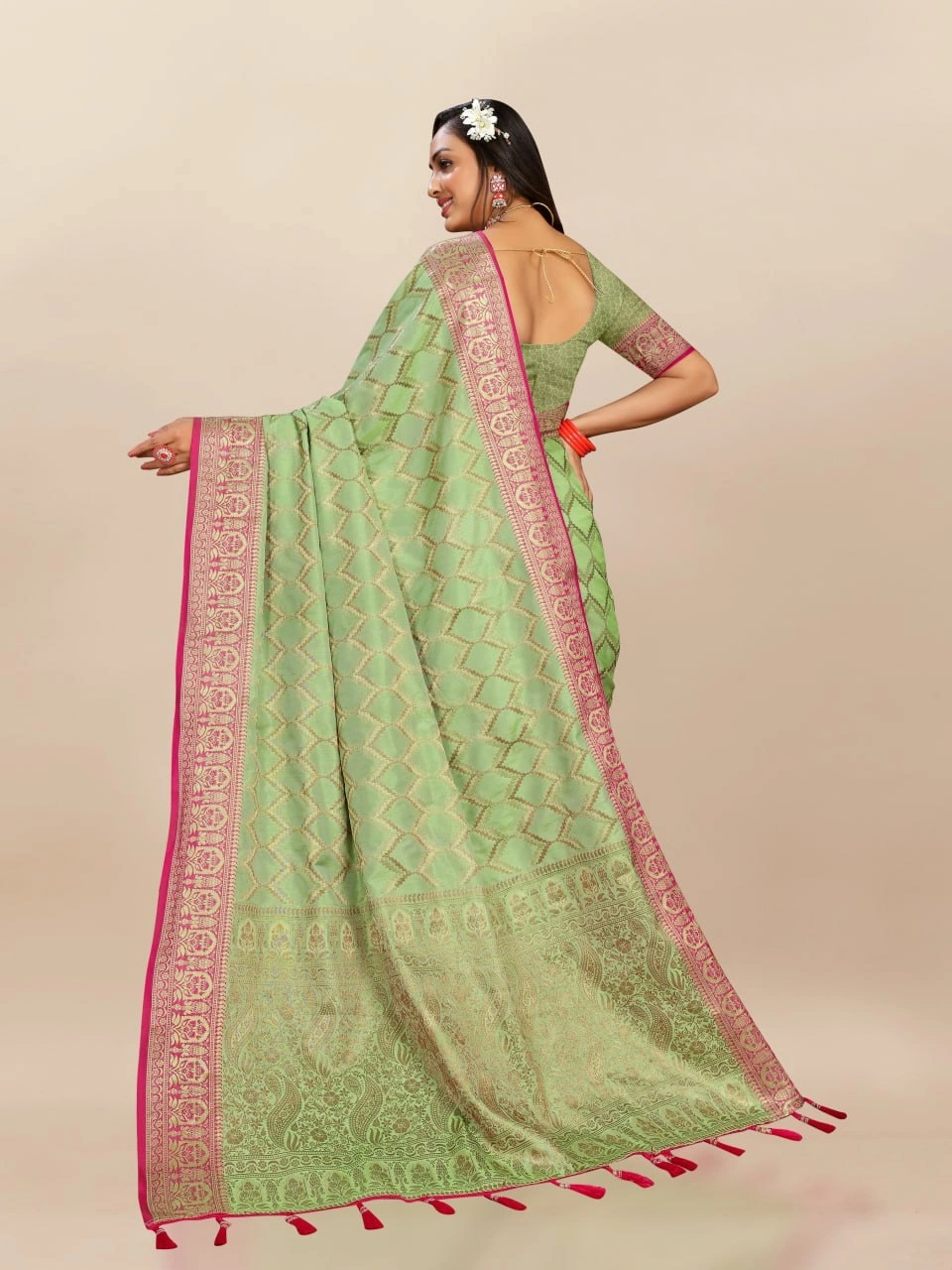 Soft Katan Silk Saree with Rich Zari Weaving Design, Border, and Tassels, Silk Blouse Included-Pista-4