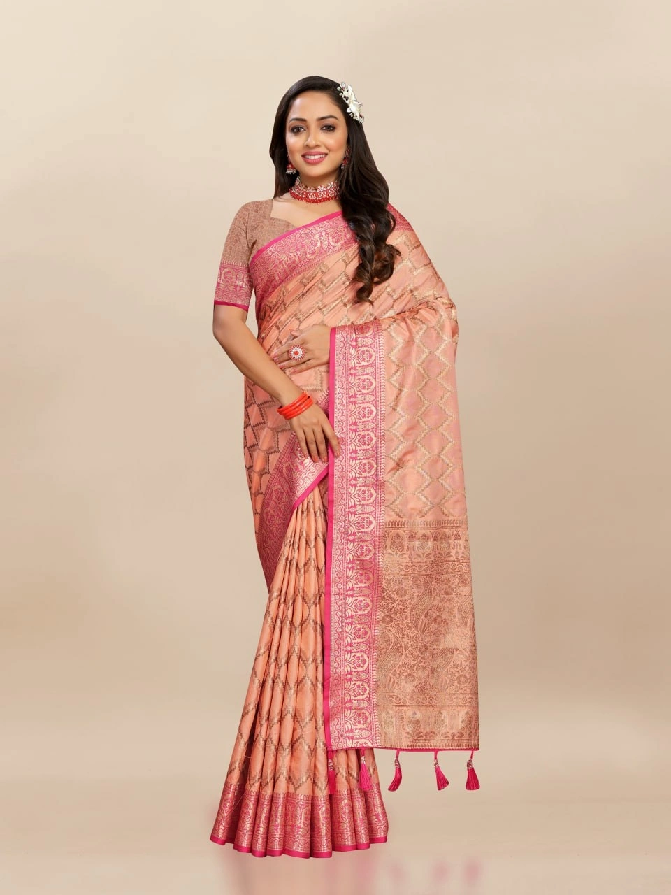 Soft Katan Silk Saree with Rich Zari Weaving Design, Border, and Tassels, Silk Blouse Included-RMNX-296-Orange