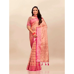 Soft Katan Silk Saree with Rich Zari Weaving Design, Border, and Tassels, Silk Blouse Included