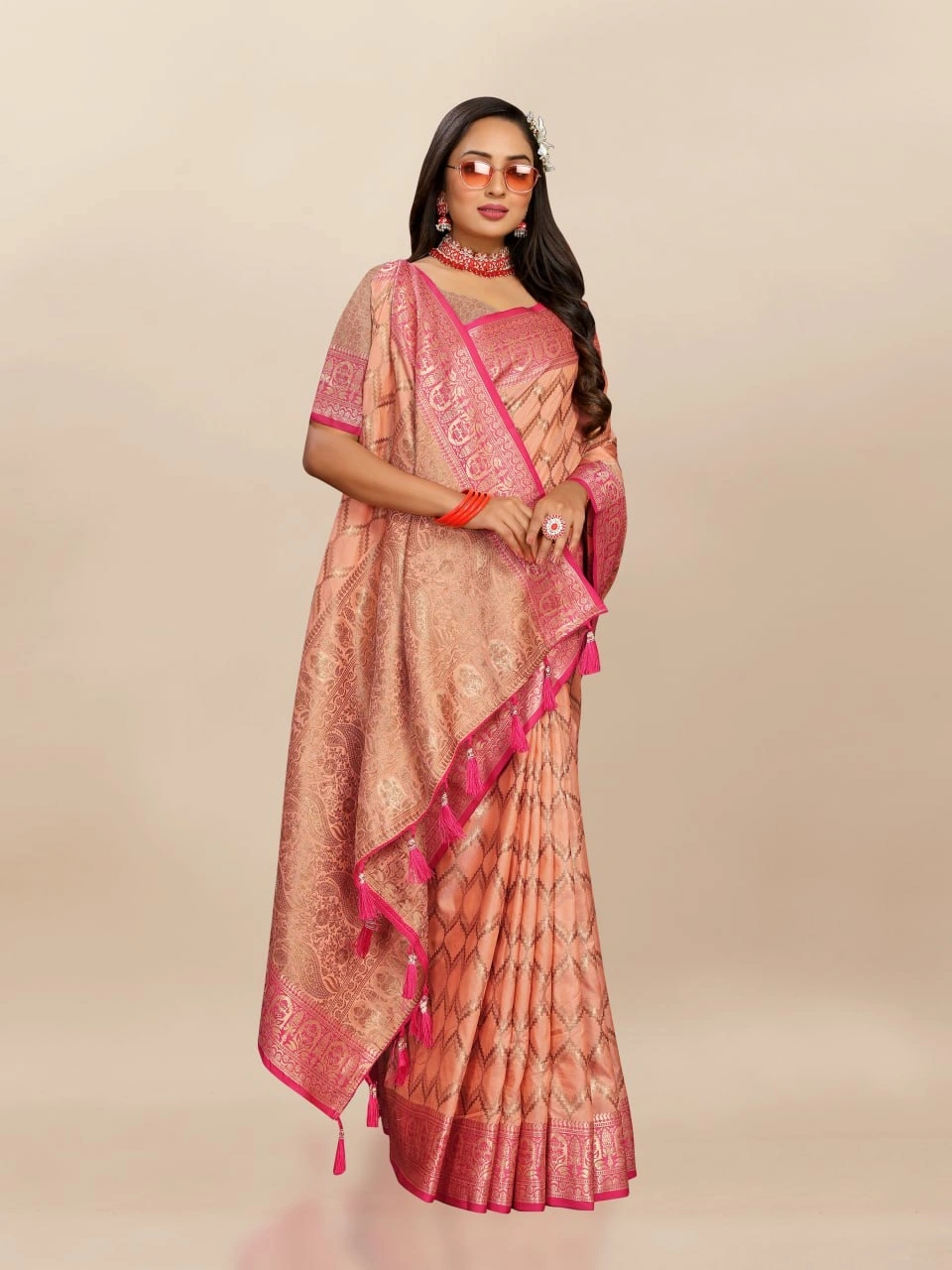 Soft Katan Silk Saree with Rich Zari Weaving Design, Border, and Tassels, Silk Blouse Included-Orange-2