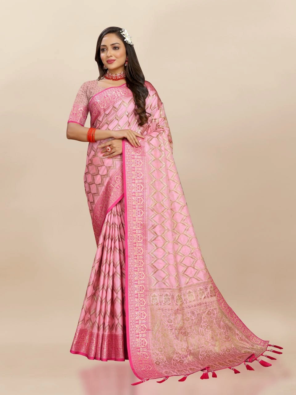 Soft Katan Silk Saree with Rich Zari Weaving Design, Border, and Tassels, Silk Blouse Included-RMNX-296-Pink