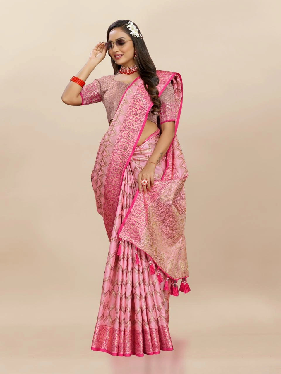 Soft Katan Silk Saree with Rich Zari Weaving Design, Border, and Tassels, Silk Blouse Included-Pink-1