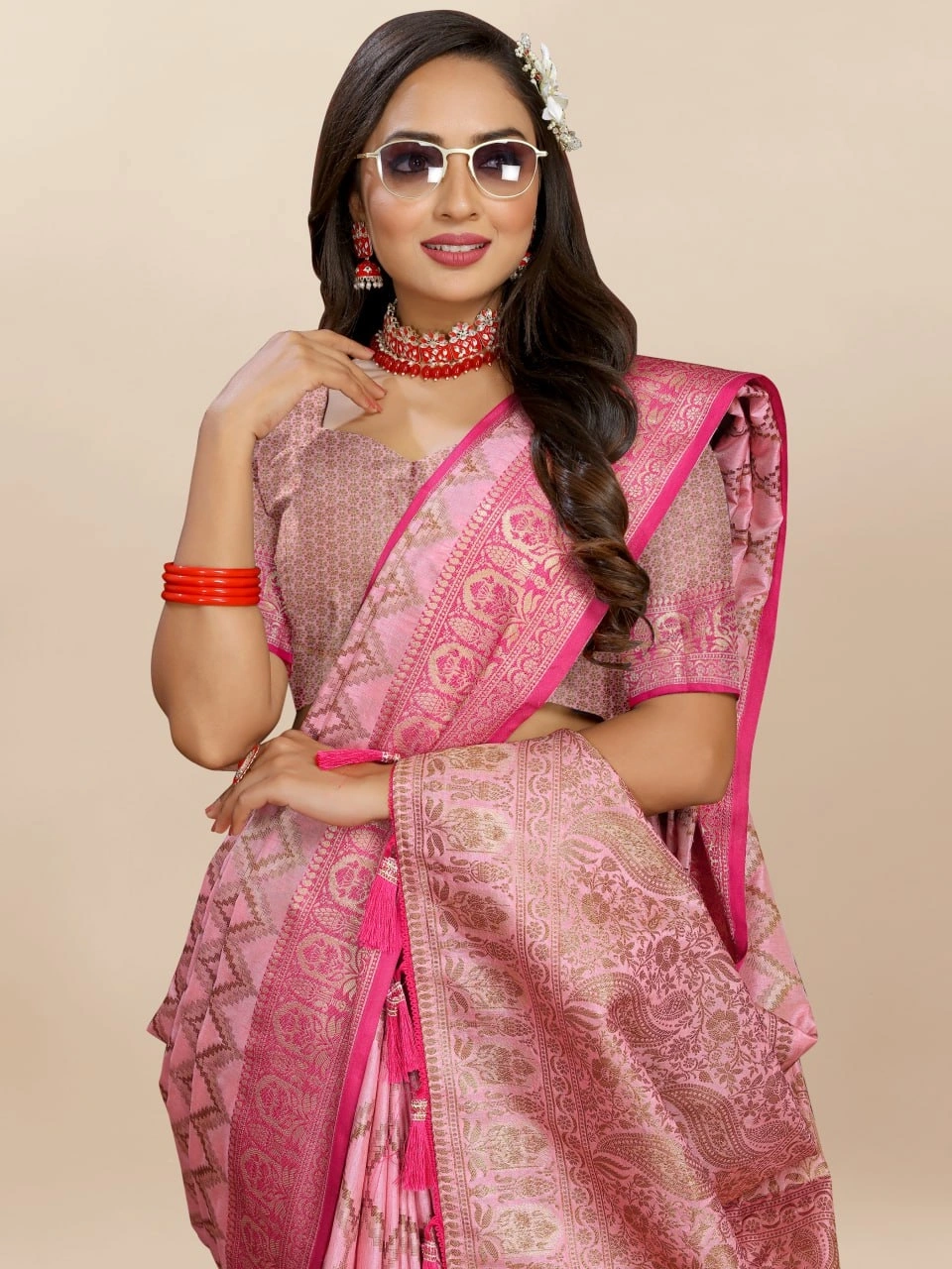 Soft Katan Silk Saree with Rich Zari Weaving Design, Border, and Tassels, Silk Blouse Included-Pink-2