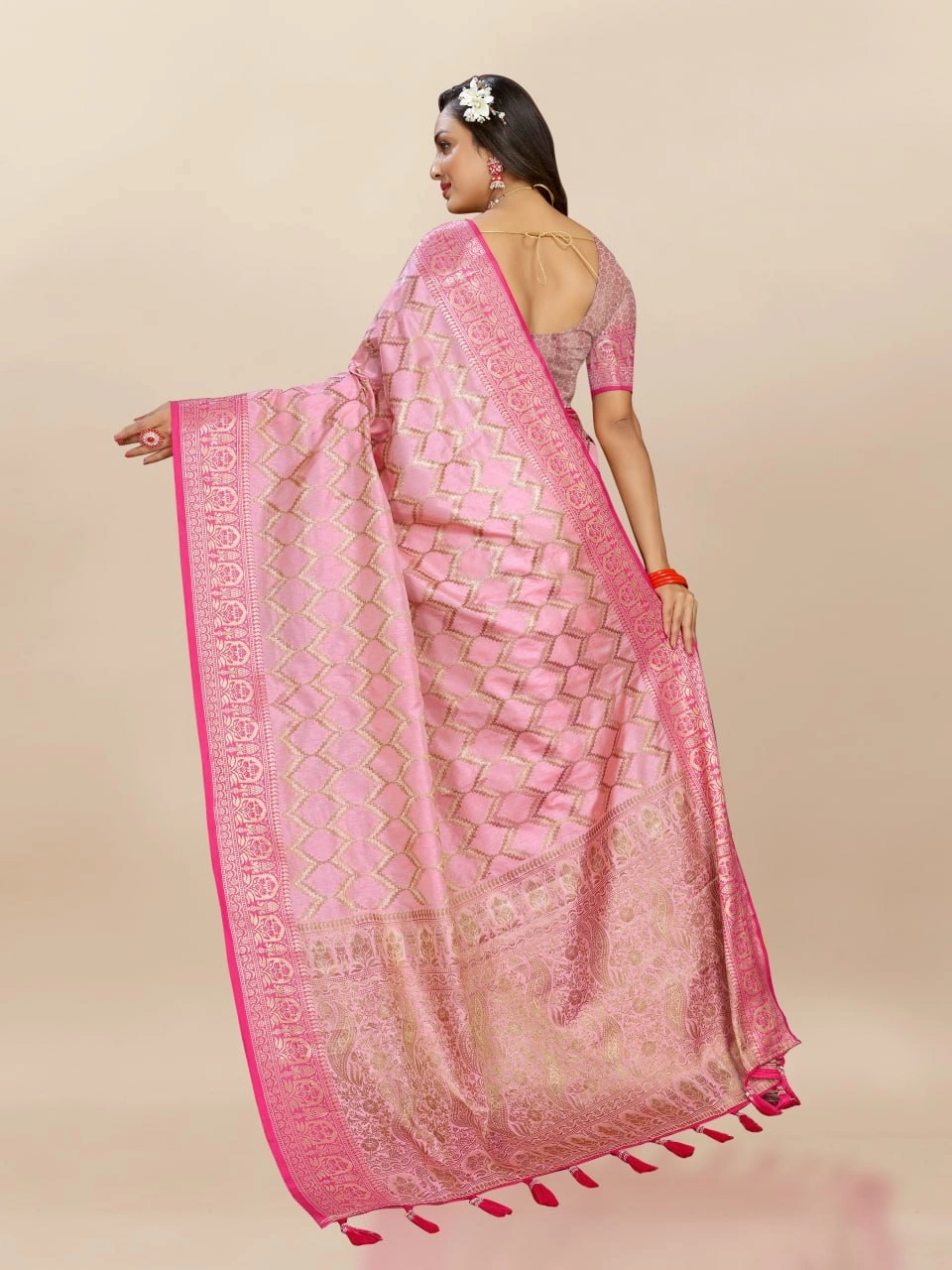 Soft Katan Silk Saree with Rich Zari Weaving Design, Border, and Tassels, Silk Blouse Included-Pink-3