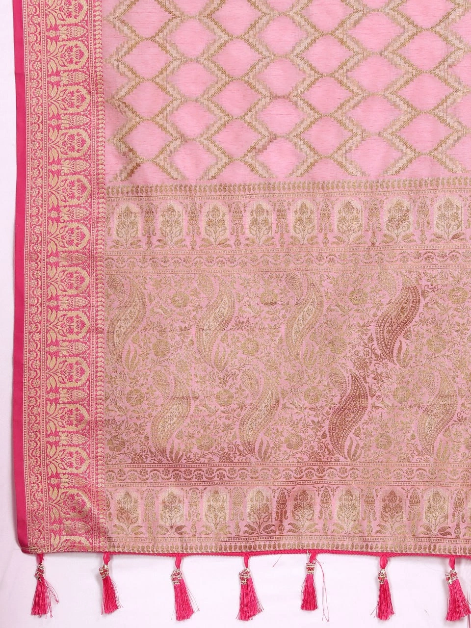 Soft Katan Silk Saree with Rich Zari Weaving Design, Border, and Tassels, Silk Blouse Included-Pink-4