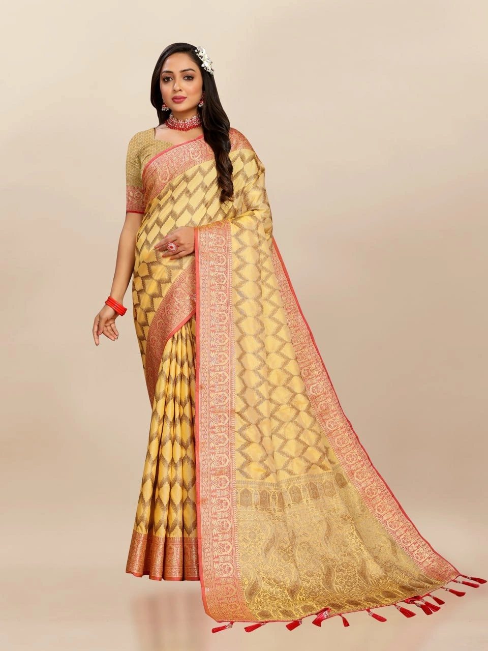 Soft Katan Silk Saree with Rich Zari Weaving Design, Border, and Tassels, Silk Blouse Included-RMNX-296-Yellow