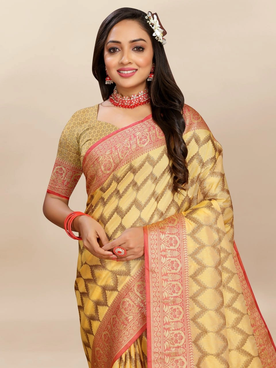 Soft Katan Silk Saree with Rich Zari Weaving Design, Border, and Tassels, Silk Blouse Included-Yellow-1