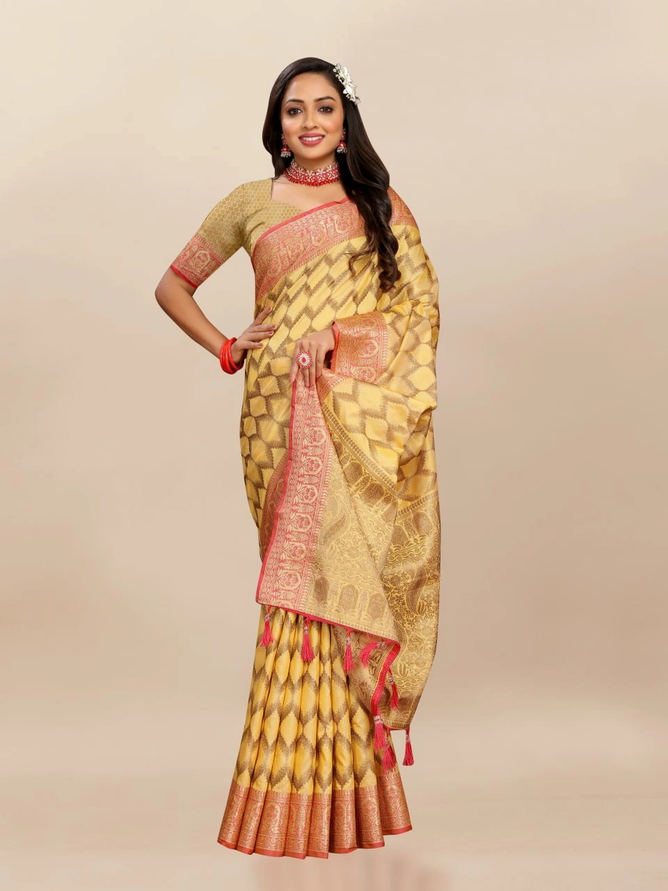 Soft Katan Silk Saree with Rich Zari Weaving Design, Border, and Tassels, Silk Blouse Included-Yellow-2