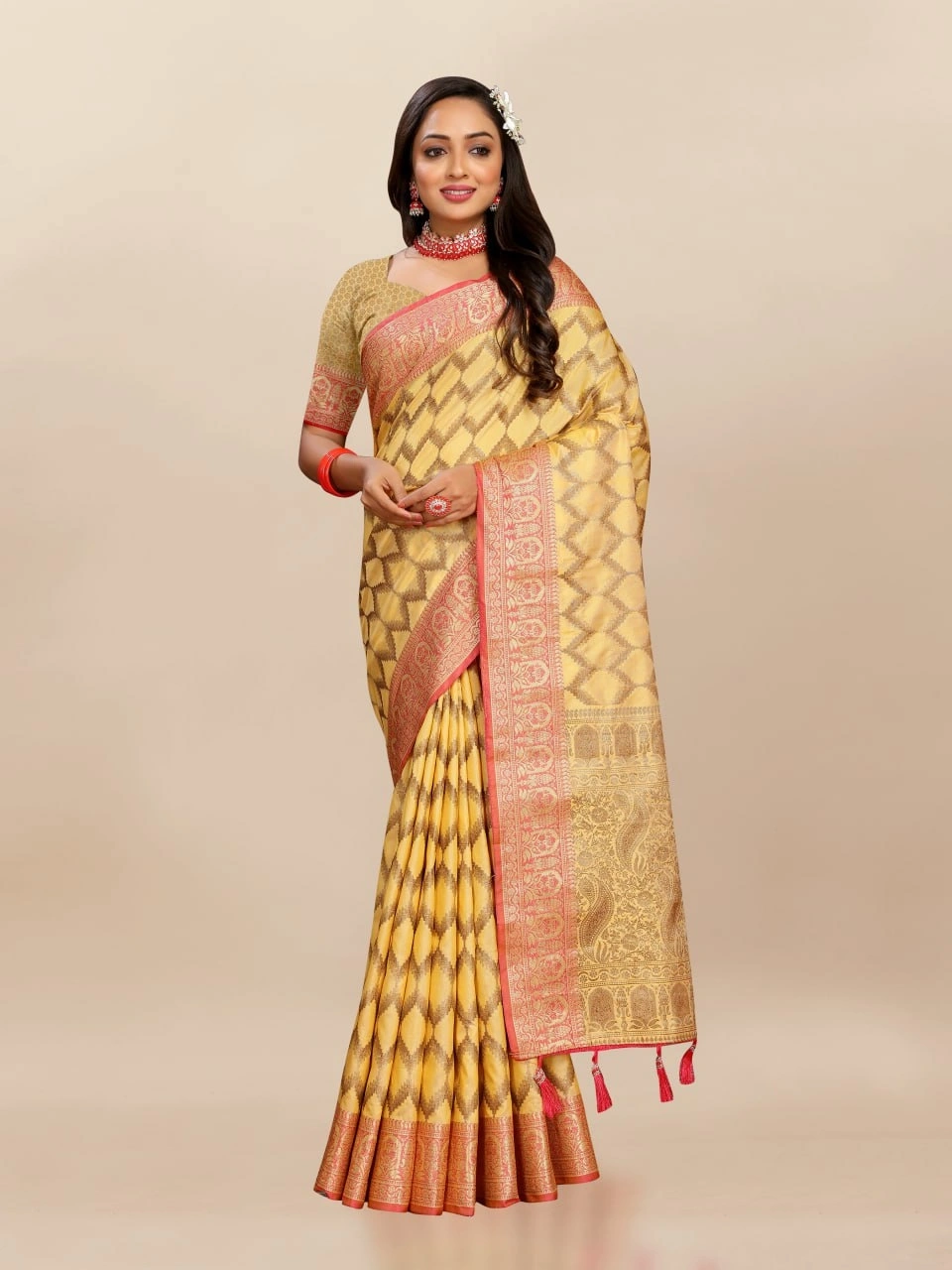 Soft Katan Silk Saree with Rich Zari Weaving Design, Border, and Tassels, Silk Blouse Included-Yellow-3