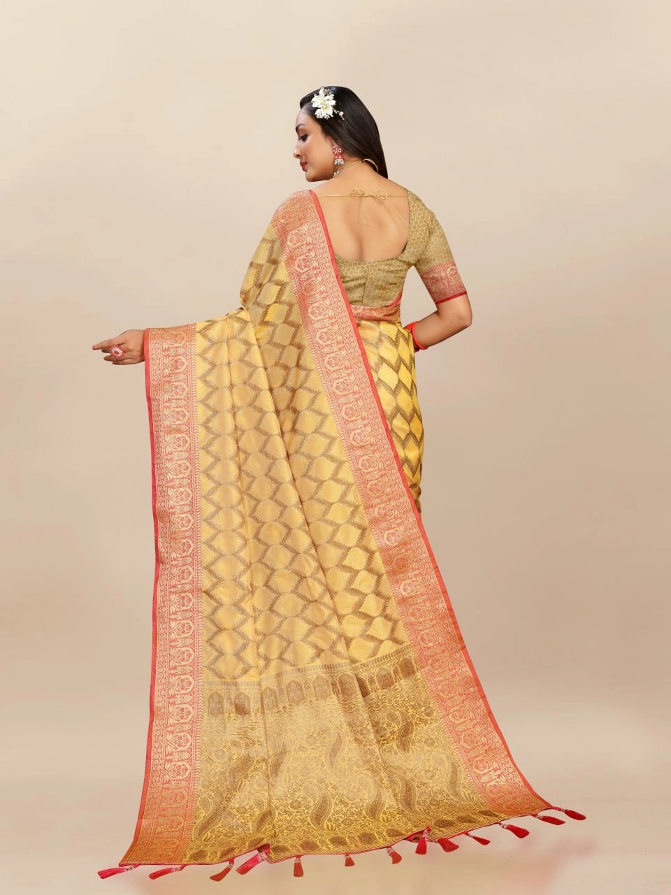 Soft Katan Silk Saree with Rich Zari Weaving Design, Border, and Tassels, Silk Blouse Included-Yellow-4