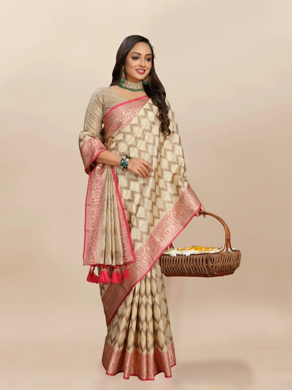 Soft Katan Silk Saree with Rich Zari Weaving Design, Border, and Tassels, Silk Blouse Included-RMNX-296-Cream