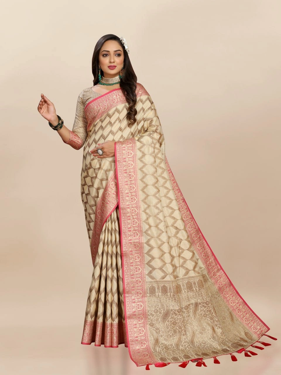 Soft Katan Silk Saree with Rich Zari Weaving Design, Border, and Tassels, Silk Blouse Included-Cream-2