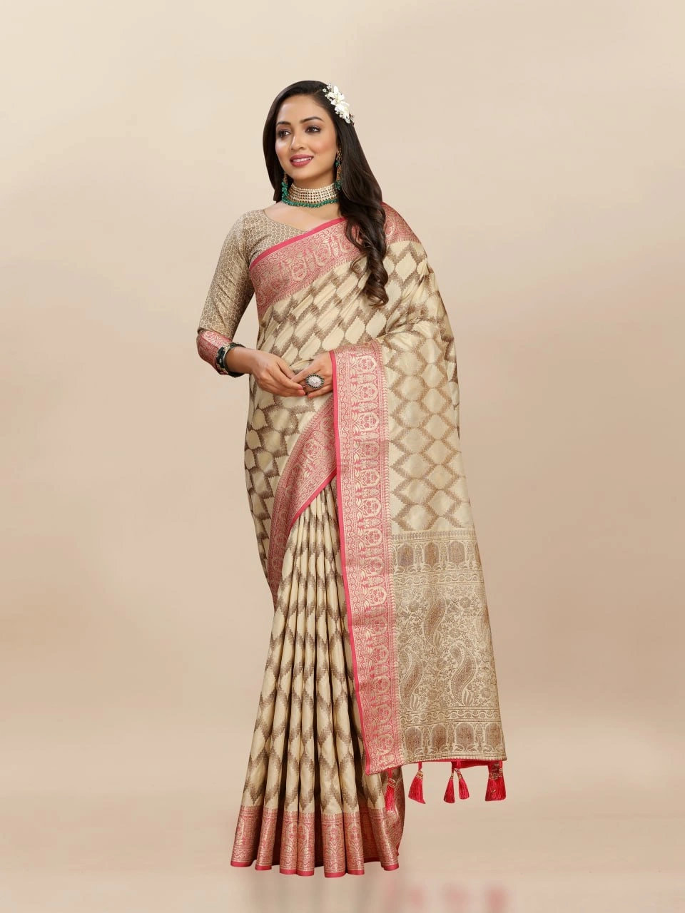 Soft Katan Silk Saree with Rich Zari Weaving Design, Border, and Tassels, Silk Blouse Included-Cream-3