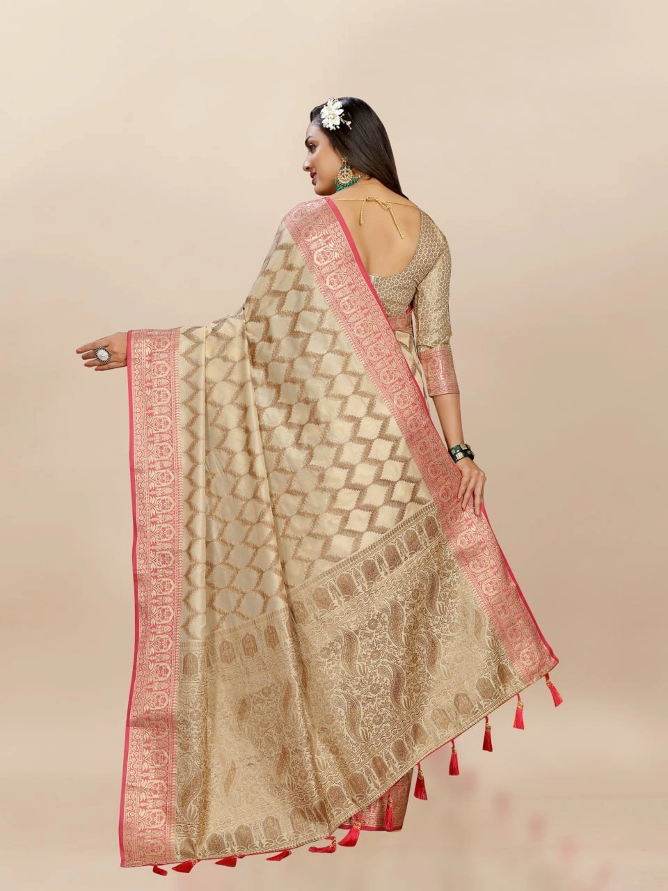 Soft Katan Silk Saree with Rich Zari Weaving Design, Border, and Tassels, Silk Blouse Included-Cream-4