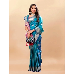 Soft Silk Saree with Rich Zari Weaving, Zari Border, Tessels, and Silk Blouse Piece